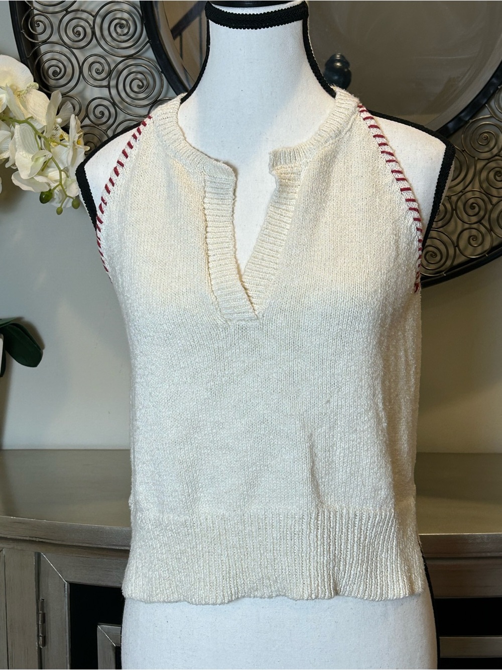 MIOU Muse Cream Knit Halter Tank Top with Red Shoulder Stitching